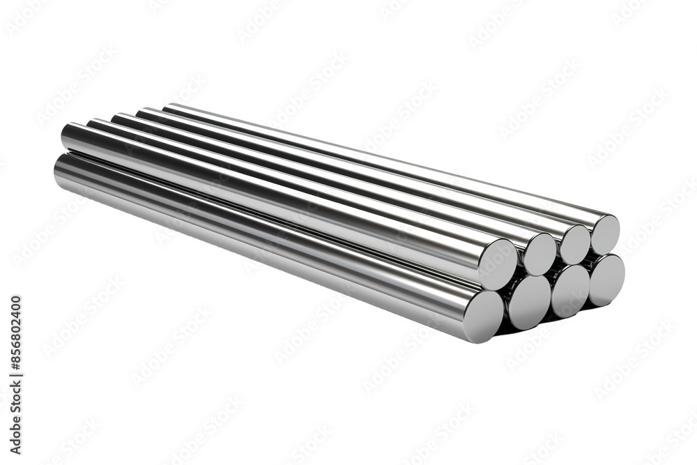A Stack of Polished Steel Rods Reflecting Light on a Clear PNG or White Background. A Stack of Polished Steel Rods Reflecting Light on a Clear PNG or White Background.