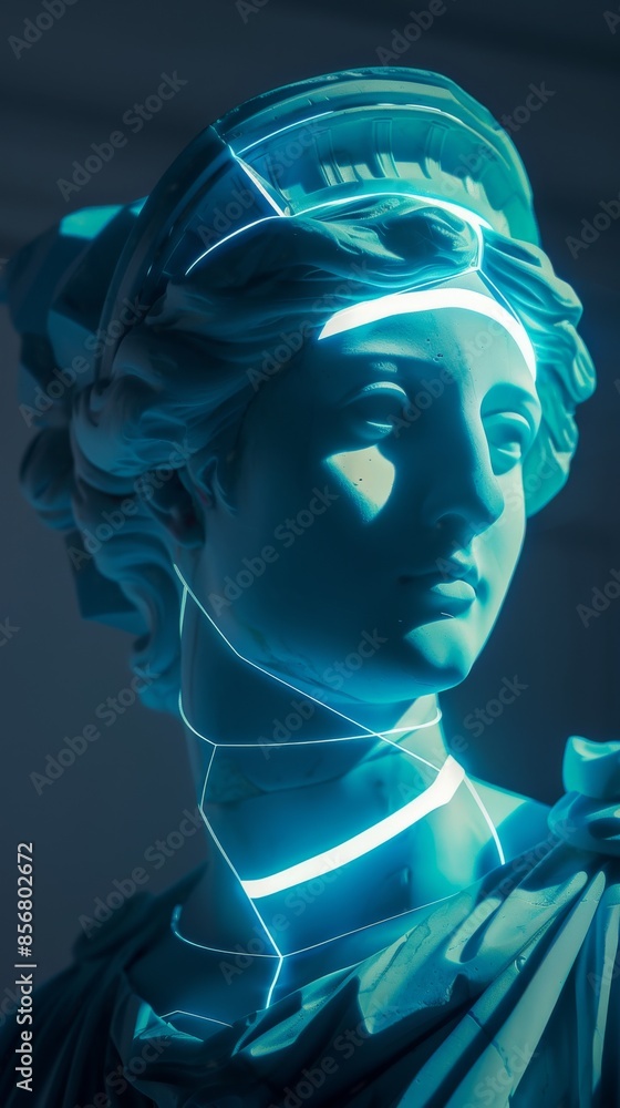 Neon-Lit Classical Marble Statue Bust with Futuristic Illumination Neon-Lit Classical Marble Statue Bust with Futuristic Illumination