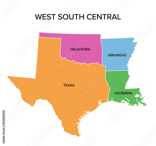 West South Central states, multi colored political map. United States Census division of the South region, consisting of the states Arkansas, Louisiana, Oklahoma, and Texas. Illustration. Vector