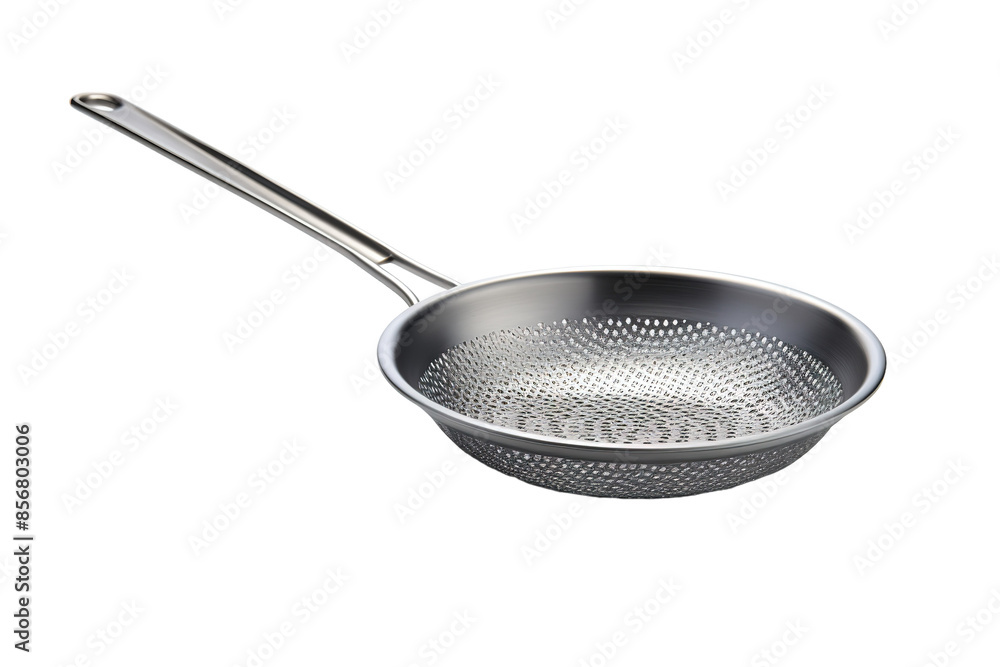 A Stainless Steel Skimmer With a Perforated Base for Draining Foods on a Clear PNG or White Background. A Stainless Steel Skimmer With a Perforated Base for Draining Foods on a Clear PNG or White Background.
