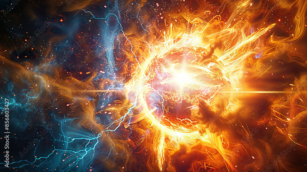 3D illustration of an orange and blue fireball with energy waves emanating from it 3D illustration of an orange and blue fireball with energy waves emanating from it