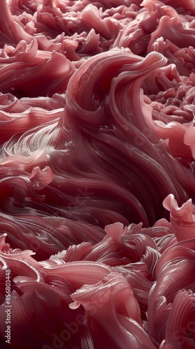 A close-up image of swirling, layered, pink and crimson material, creating an abstract and textural composition