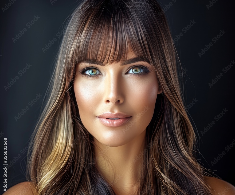 Fototapeta premium Portrait of a Smiling Woman With Long Brown Hair and Bangs