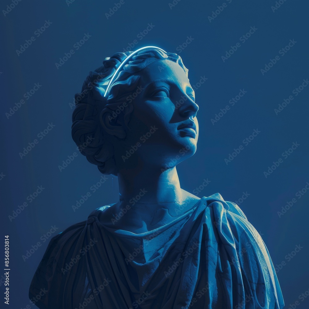 Obraz premium Classical Marble Sculpture with Neon Light Accents in Blue Tones for Modern Art and Design