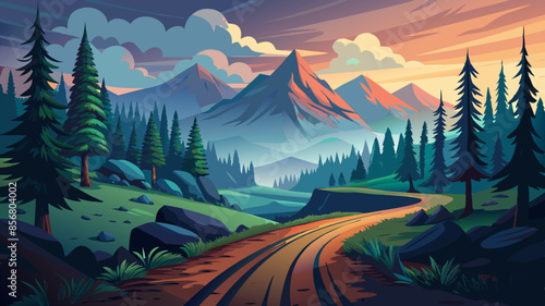 A dirt road winding through a dark, misty mountain landscape with pine trees in the foreground and distant peaks shrouded in fog