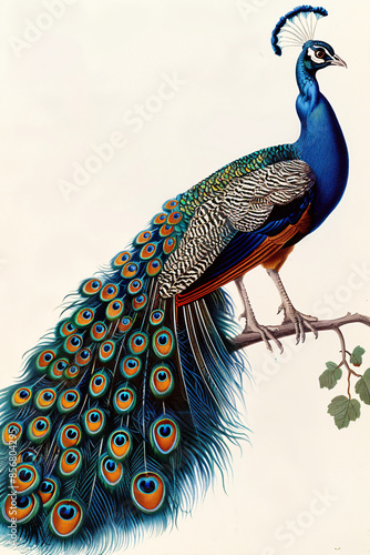 Chinoiserie painting of peacock on the tree branch with beige background wall art, wallpaper