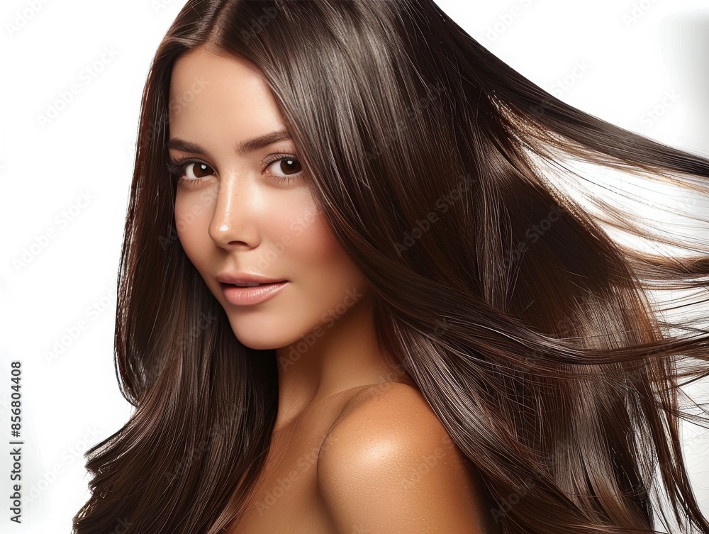 Woman With Long Brown Wavy Hair and Makeup Looks at the Camera Woman With Long Brown Wavy Hair and Makeup Looks at the Camera