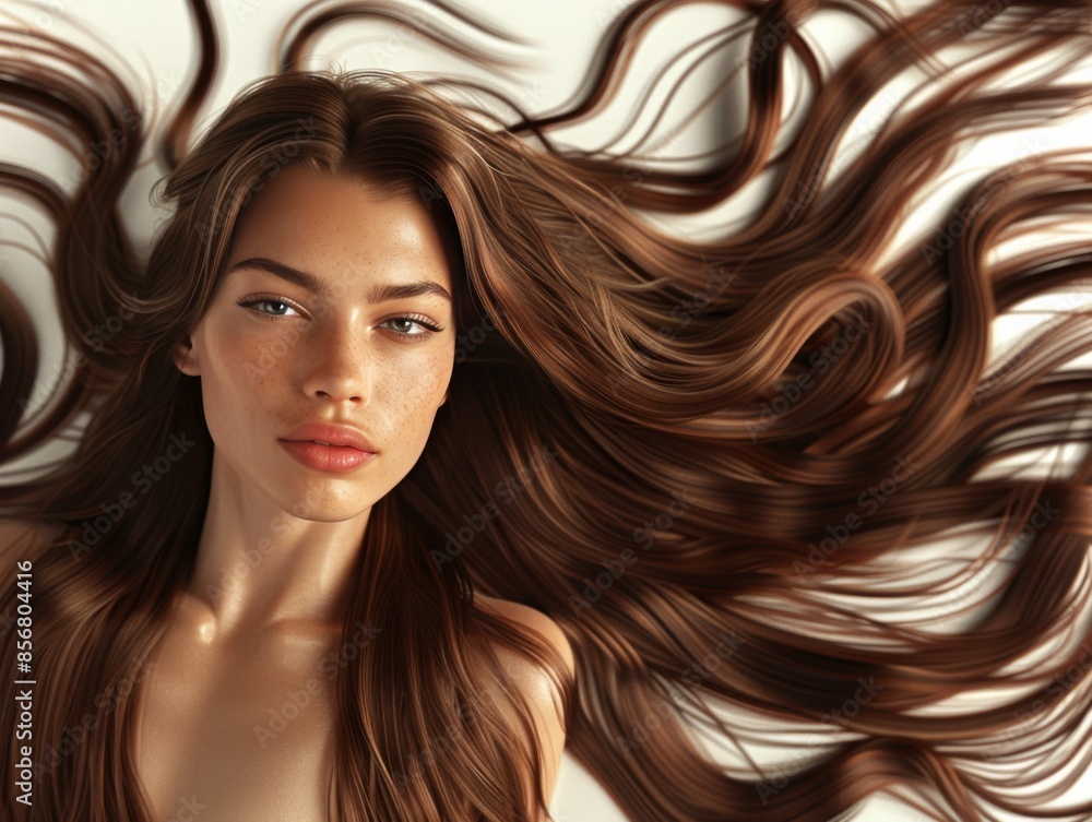 Woman With Long Brown Wavy Hair and Makeup Looks at the Camera Woman With Long Brown Wavy Hair and Makeup Looks at the Camera