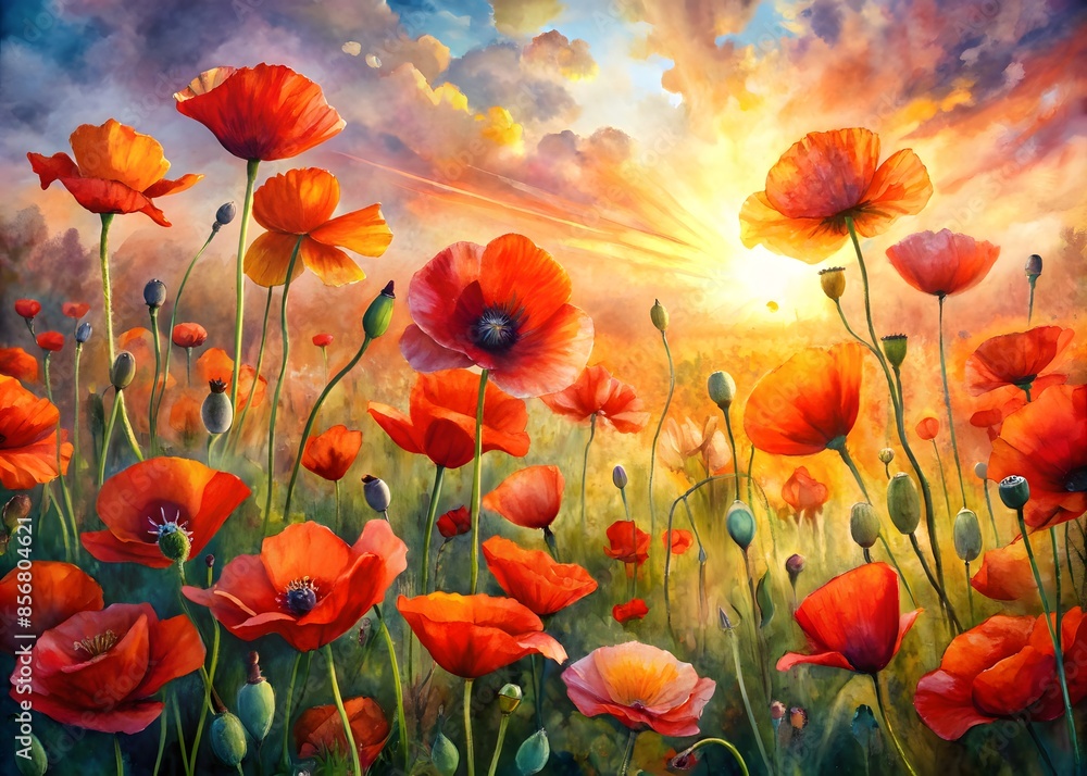 Fototapeta premium Vibrant Red Poppies In A Field At Sunset, Painted In A Loose Painterly Style