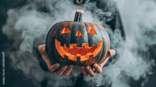 Creepy vampire in thick fog with wickedly carved pumpkin for spooky contrast and eerie atmosphere photo