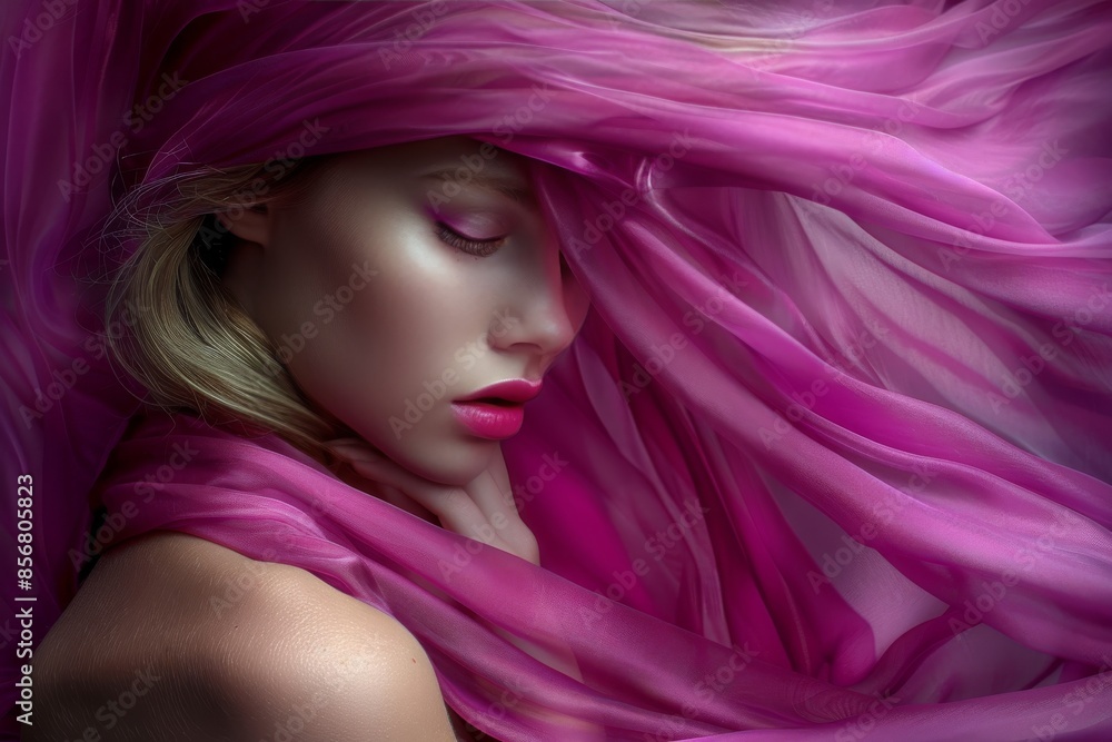 Woman With Closed Eyes Wearing Pink Scarf Woman With Closed Eyes Wearing Pink Scarf
