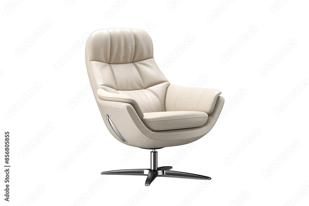 © Masood - A Swiveling Cream Leather Lounge Chair With a Modern Design on a Clear PNG or White Background.