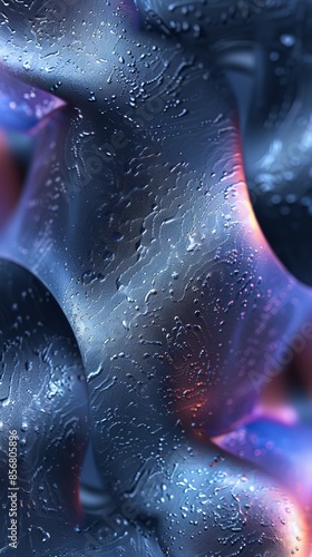 A close-up of abstract water droplets swirling and reflecting blue and purple light
