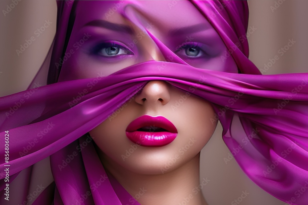 Woman With Blue Eyes Posing Under Pink Sheer Fabric Woman With Blue Eyes Posing Under Pink Sheer Fabric