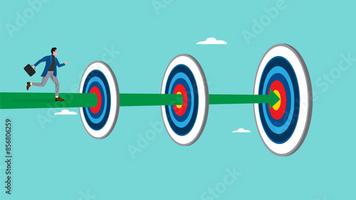 step to reach success or achievement, Short term, mid-term and long term goals, stages to achieve greater success, businessman running to short, medium and long term success target