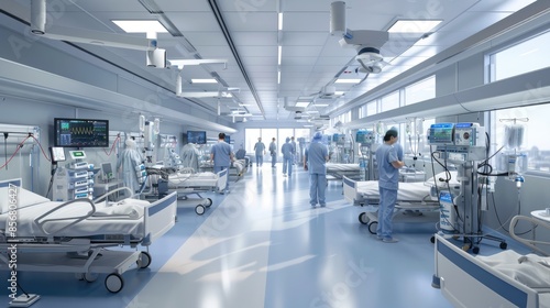 High-Tech Critical Care Inside a Hospital ICU with Patient Beds, Medical Equipment, and Staff 