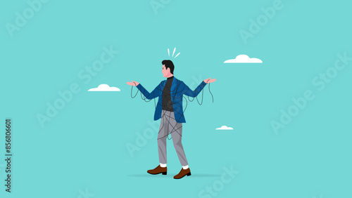 stress due to business problems or mental disorders, panic and confused businessman because of the messy rope wrapped around his body