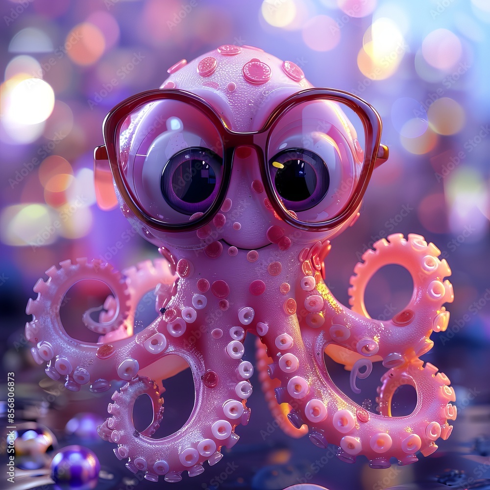 Cute Pink Octopus with Glasses in a Colorful Underwater Scene Cute Pink Octopus with Glasses in a Colorful Underwater Scene