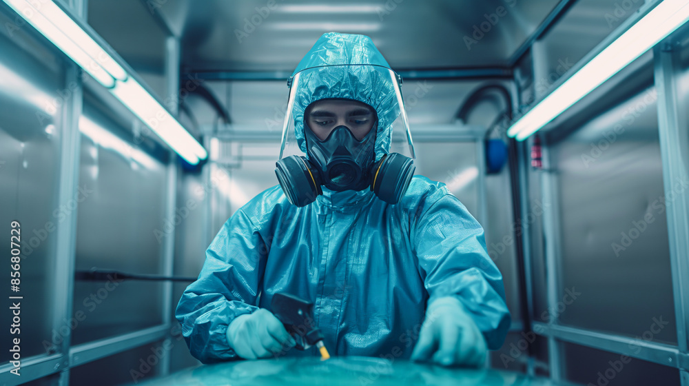An auto painter engaged in work within a spray booth, fully equipped with protective gear including a paint suit, respirator mask, and gloves. An auto painter engaged in work within a spray booth, fully equipped with protective gear including a paint suit, respirator mask, and gloves.