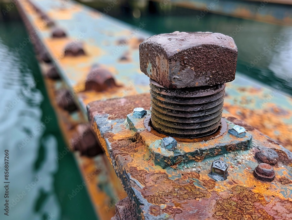 a rusty bolt and nut on a bridge a rusty bolt and nut on a bridge