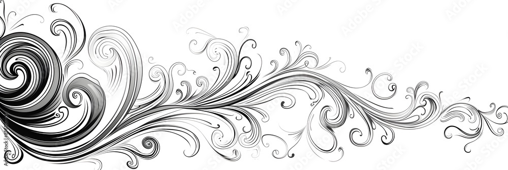 Decorative Curly Horizontal Scroll in Black with Small Swirls Line Art