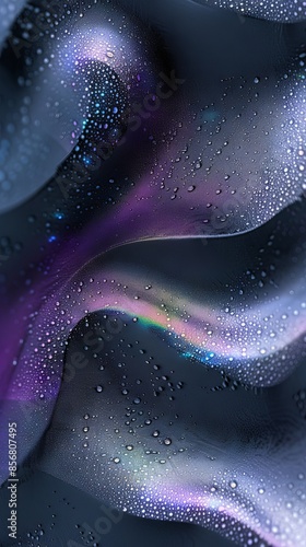 Close-up shot of a textured, iridescent surface covered in glistening water droplets, reflecting a rainbow of colors
