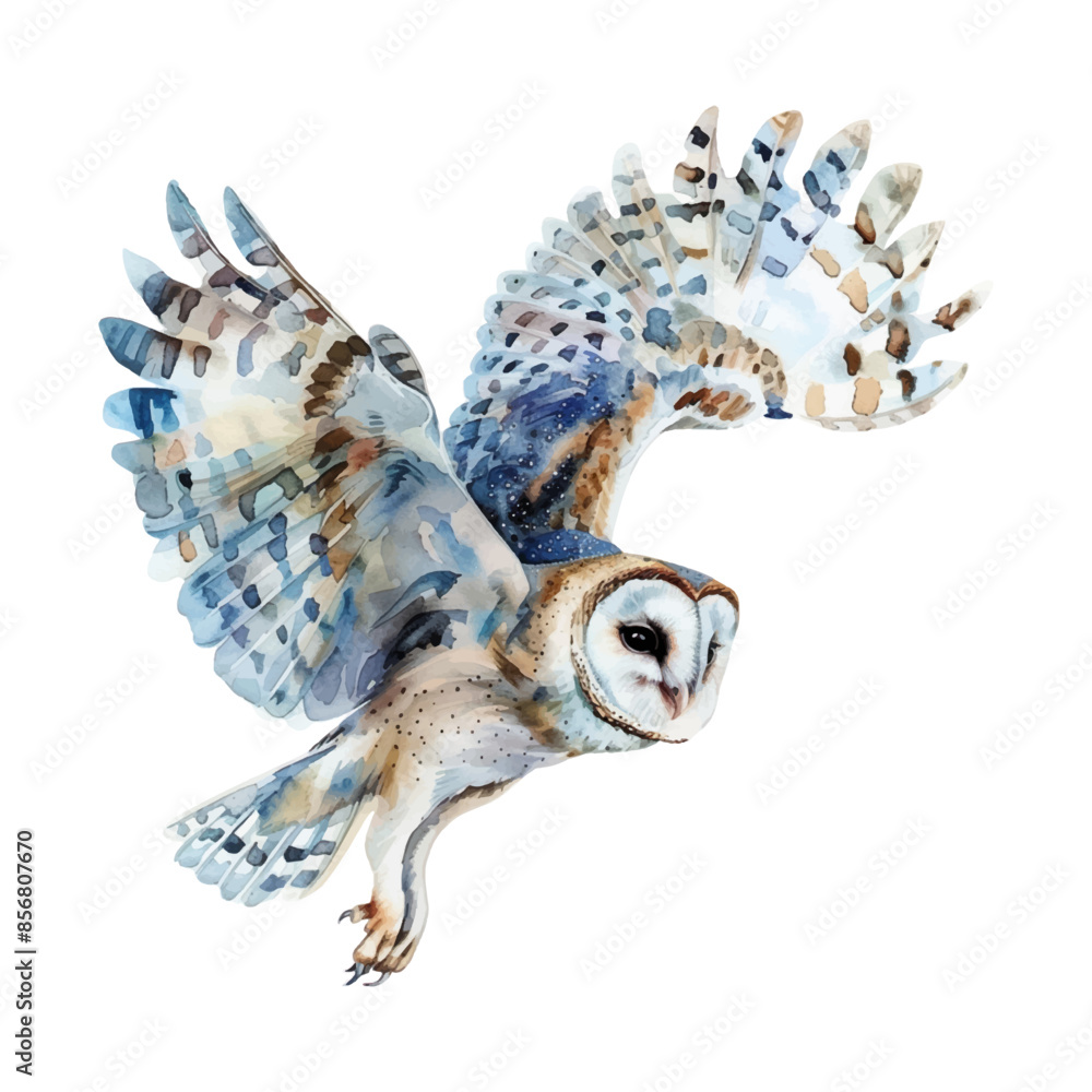 Obraz premium Watercolor cute owl flying isolated on white background.