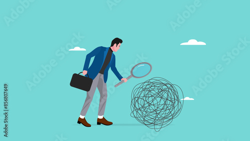 Analyze problems to find solutions or opportunities, look for the root cause of the problem, looking for the common thread of business problems, businessman examines messy lines with magnifying glass