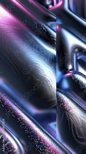 Digitally created metallic spheres appear to float in a dreamy environment. Their iridescent surfaces gleam with purple, blue, and silver hues, forming an mesmerizing abstract design