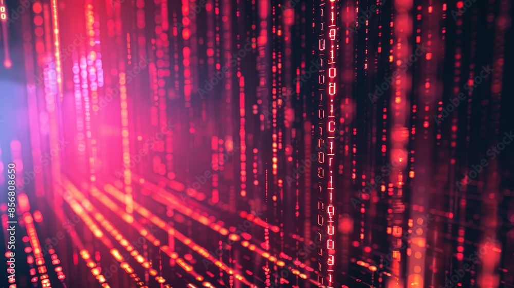 Abstract digital binary code data stream background - Close-up view of a luminous binary data stream creating an immersive digital world feel Abstract digital binary code data stream background - Close-up view of a luminous binary data stream creating an immersive digital world feel