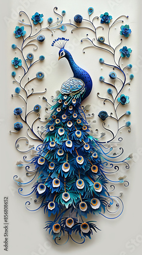 3d paper art of blue peacock on white background wall art, wallpaper