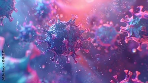 Intricate depiction of a single virus - Detailed 3D illustration captures one large virus particle with smaller ones in the background