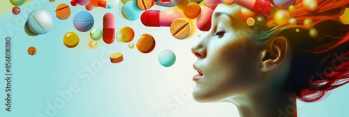 Abstract concept of a blurred face with pills - Digital artwork of multi-colored pills floating around a blurred silhouette of a human head photo