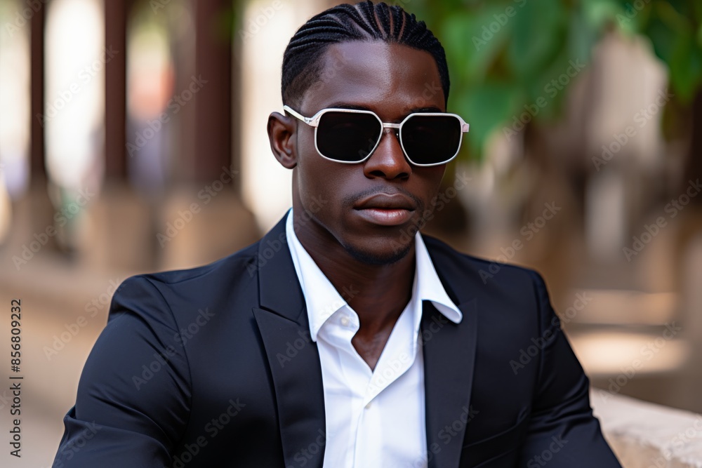 A man wearing a suit and sunglasses is sitting on a bench A man wearing a suit and sunglasses is sitting on a bench
