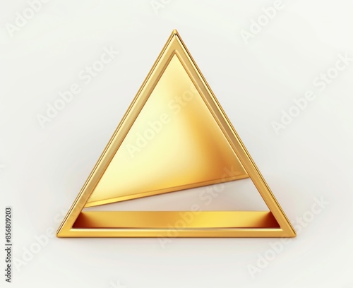 A metallic gold triangle with a smooth, polished surface, casting a subtle shadow on a white background