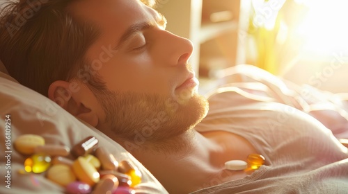 Man in bed with medications obscured face - Man lying in bed with various pills and capsules on the blanket, identity obscured photo