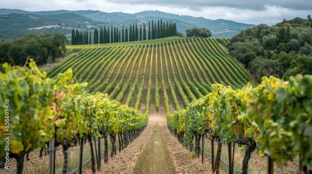 Naklejka premium Picturesque vineyard landscape with rows of grapevines stretching out into the distance across rolling hills and countryside Scenic view of a tranquil wine growing region