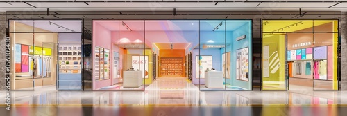 Colorful cosmetic store front display - The image is a frontal view of a vibrant cosmetic storefront with a colorful display
