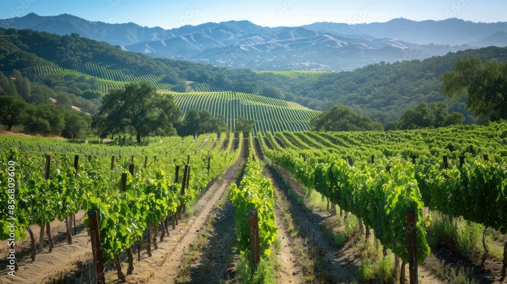 Breathtaking panoramic view of a picturesque vineyard with neat rows of lush green grapevines stretching across rolling hills and mountains in the distance Breathtaking panoramic view of a picturesque vineyard with neat rows of lush green grapevines stretching across rolling hills and mountains in the distance