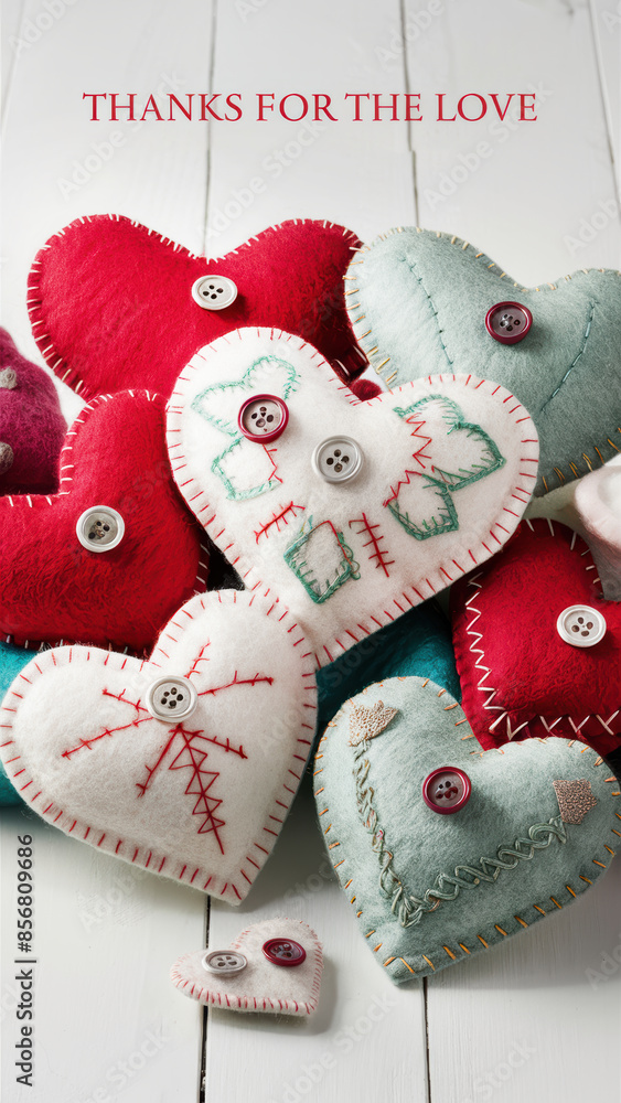A charming and heartwarming display of handcrafted felt hearts, each showcasing a distinct color palette of red, white, and teal. A charming and heartwarming display of handcrafted felt hearts, each showcasing a distinct color palette of red, white, and teal.