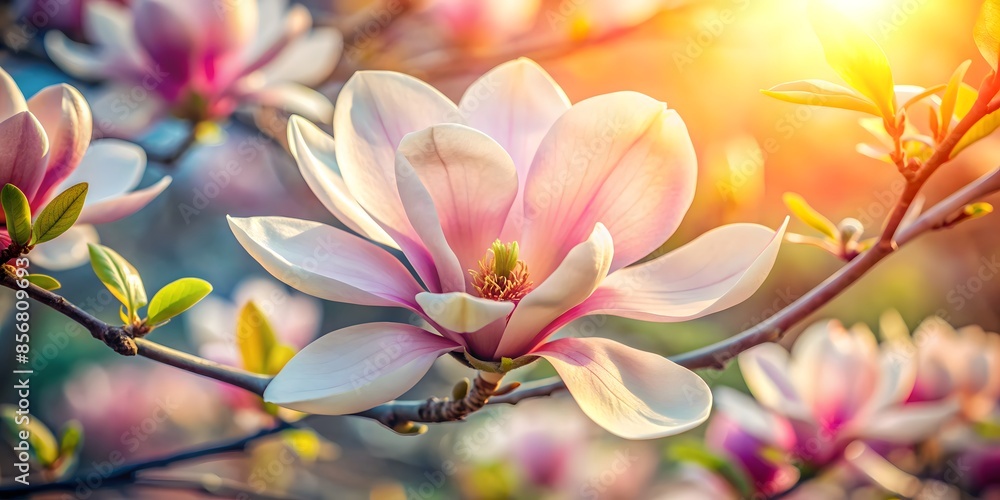 A Beautiful Magnolia Flower In Full Bloom Against A Blurry Background Of Sunlight And Branches. A Beautiful Magnolia Flower In Full Bloom Against A Blurry Background Of Sunlight And Branches.