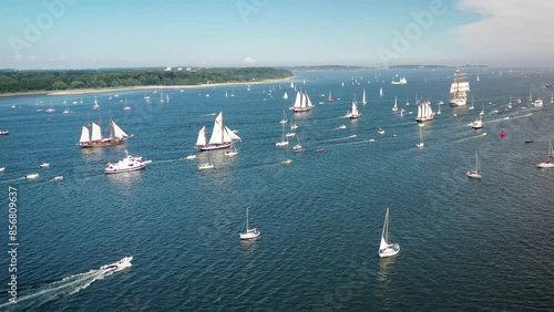 Tall ships passing Kieler Förde to Kiel week. Parade of sailing ships during Kiel Week, Kiel Fjord, Schleswig-Holstein, Germany.

