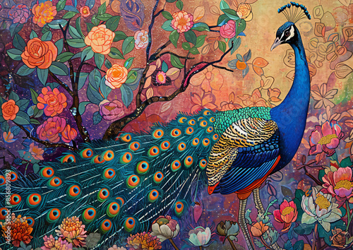 Chinoiserie painting of  peacock on peony tree branch on colorful background, moody vintage wall art, wallpaper