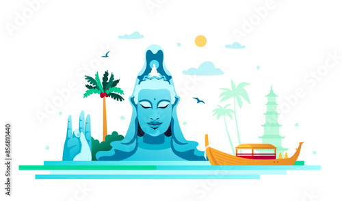 Thanh Luong Phu Yen pagoda in the lake - colored vector illustration with buddha head and hand. Tourist destination for spirituality in Nau country. Located in My Quang Nam village. Welcome to Vietnam