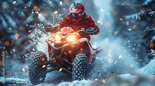person drive atv vehicle on offroad track, extreme sport activities theme, in winter, created with generative ai photo