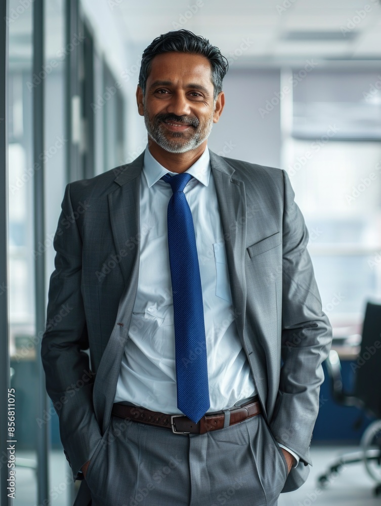 A professional man stands in his office wearing a suit and tie, ready to work or meet A professional man stands in his office wearing a suit and tie, ready to work or meet