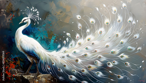 Chinoiserie painting of white peacock on peony tree branch on turquoise  background , moody vintage wall art, wallpaper