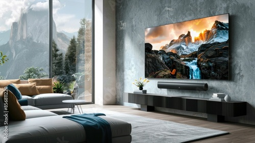 Sleek and modern living room setup featuring a wall mounted OLED TV and sophisticated soundbar creating an immersive entertainment experience amid a tranquil and harmonious interior design