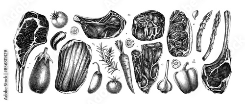 Healthy food sketches set. Meat and vegetable vector icons. Raw steaks drawings. Hand drawn food illustrations. NOT AI generated