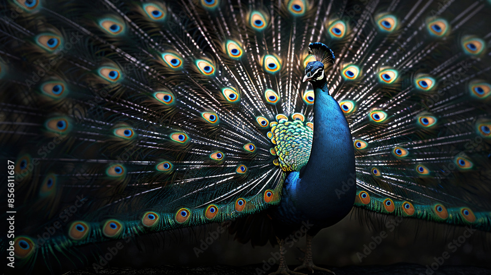 Obraz premium Chinoiserie painting, macro shot photo of peacock with peony branch background , moody vintage wall art, wallpaper